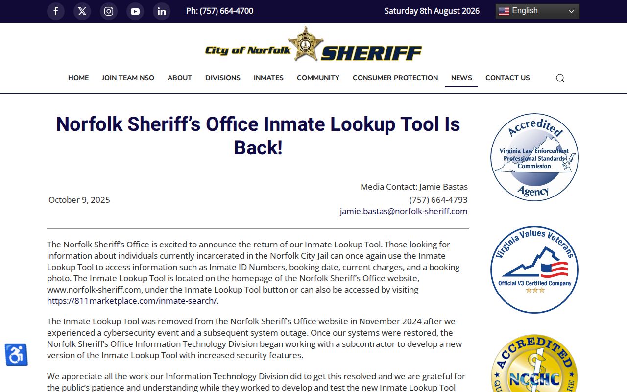 Norfolk County current inmate roster outage and release search limits