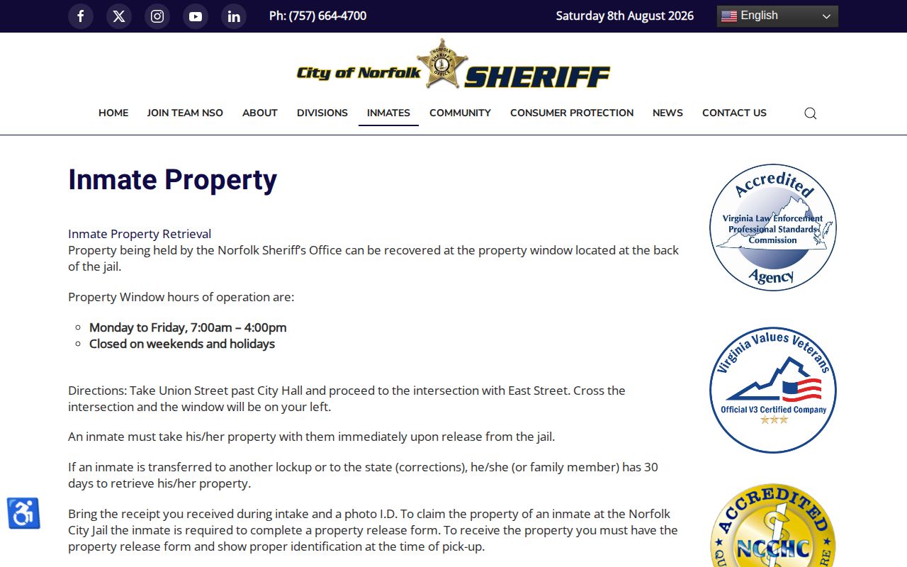 Norfolk County released inmate property pickup rules