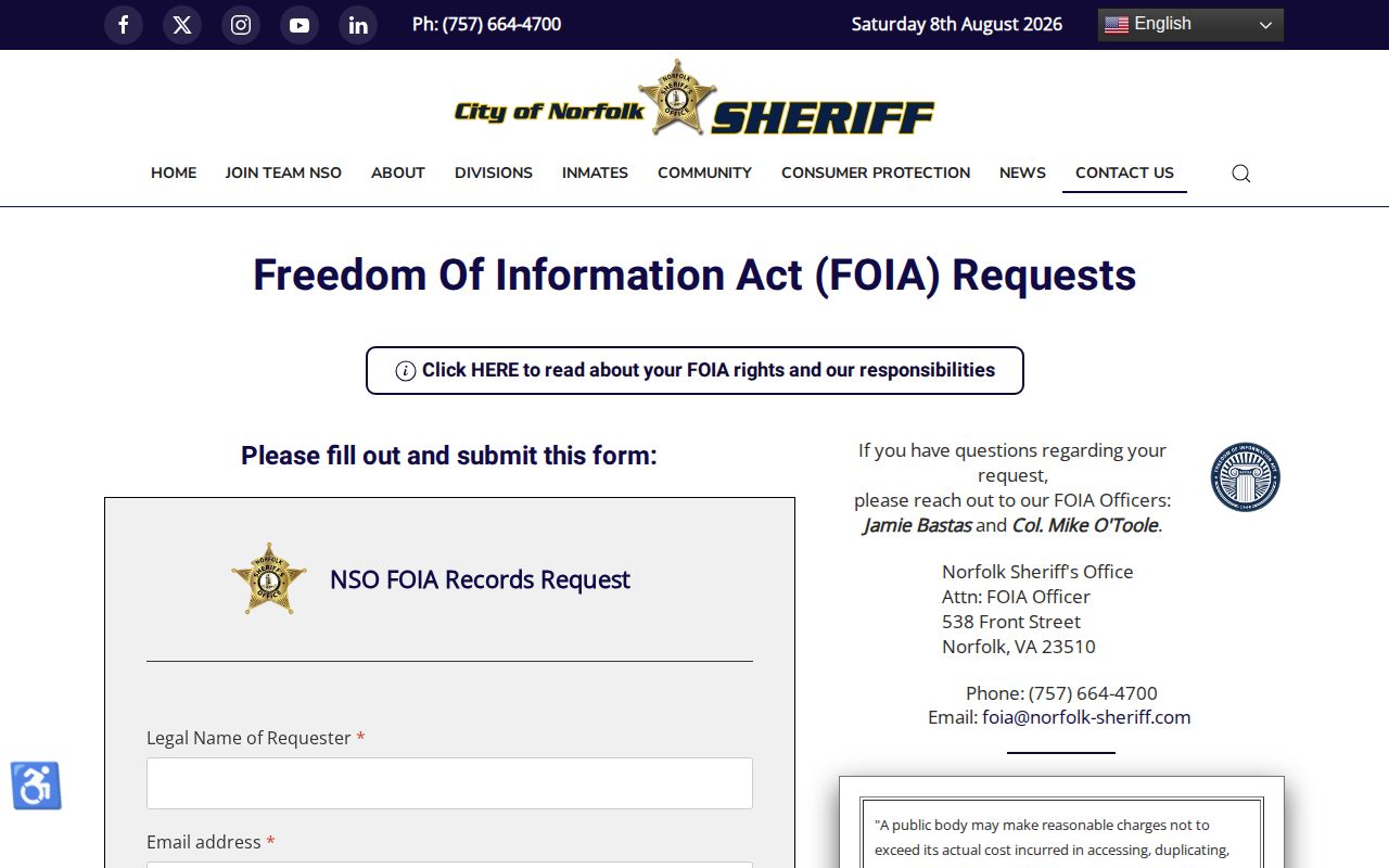 Norfolk County released inmate records request form and fee guidance