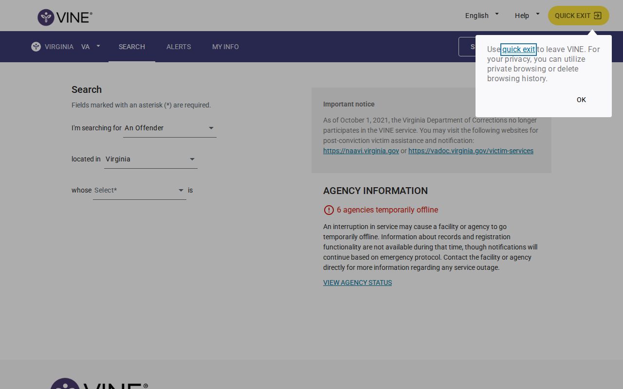 Norfolk County VINELink inmate search and released record screens
